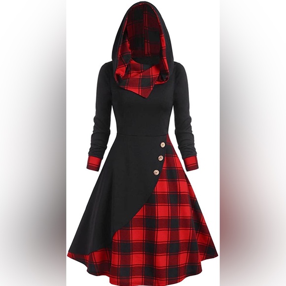 Unbranded Dresses & Skirts - Black & Buffalo Plaid Wooden Buttons Hooded Christmas Renaissance Goth Dress L